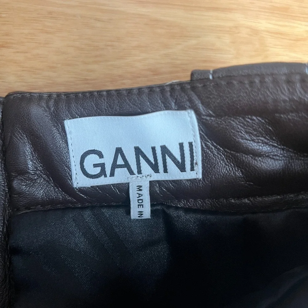 Ganni Mini Skirt Womens 4 / EU36‎ Lamb Leather Brown Neutral Quilted Embroidered